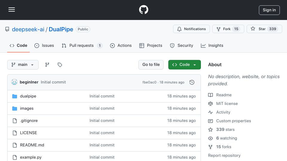 Screenshot of github.com: DualPipe: Bidirectional pipeline parallelism algorithm
