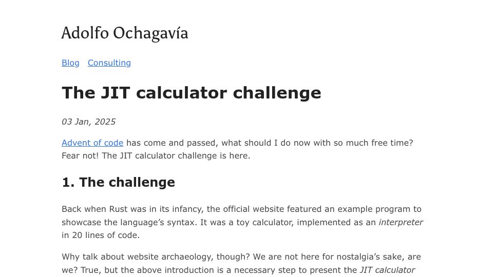 Screenshot of ochagavia.nl: The JIT Calculator Challenge