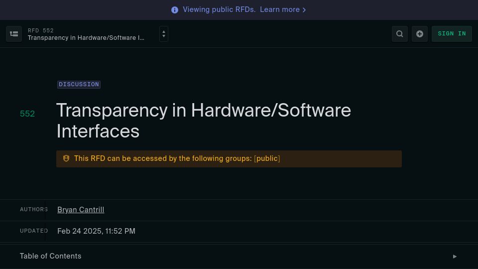 Screenshot of rfd.shared.oxide.computer: Transparency in Hardware/Software Interfaces