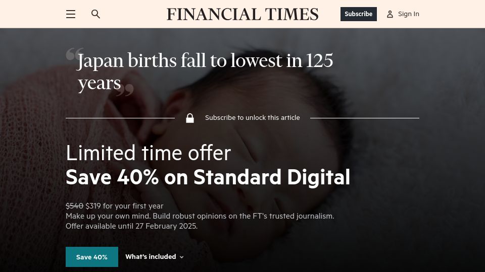 Screenshot of ft.com: Japan births fall to lowest in 125 years