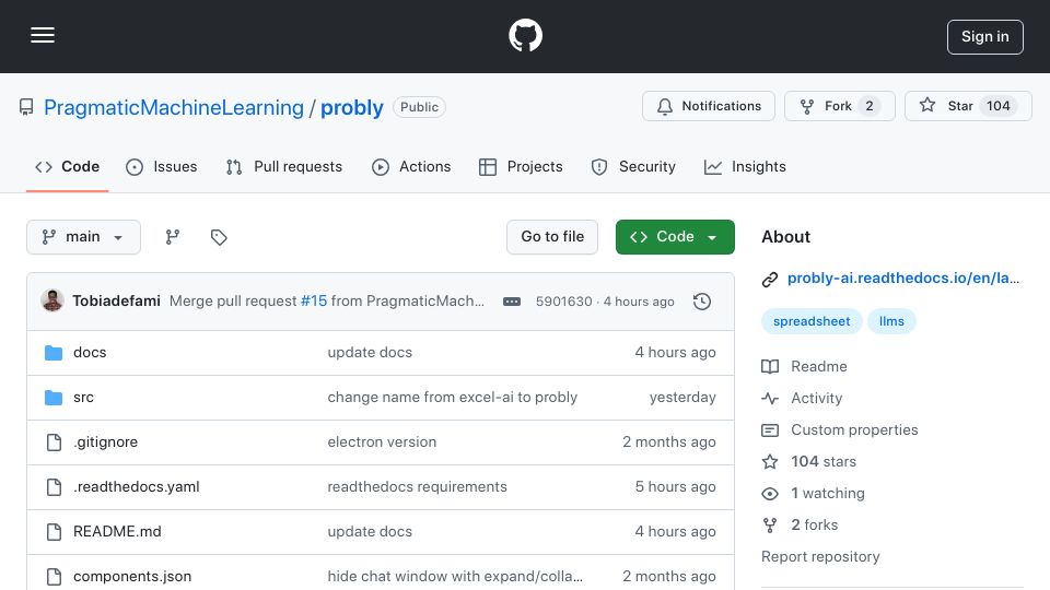 Screenshot of github.com: Show HN: Probly – Spreadsheets, Python, and AI in the browser