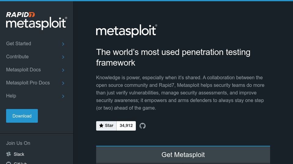 Screenshot of metasploit.com: Metasploit – Penetration Testing Framework