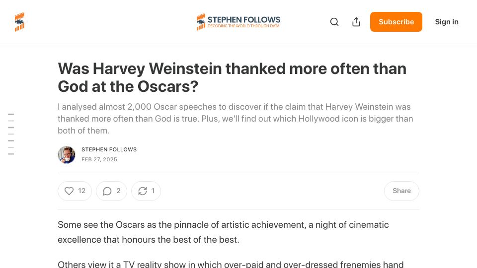 Screenshot of stephenfollows.com: A data analysis of speeches at the Oscars