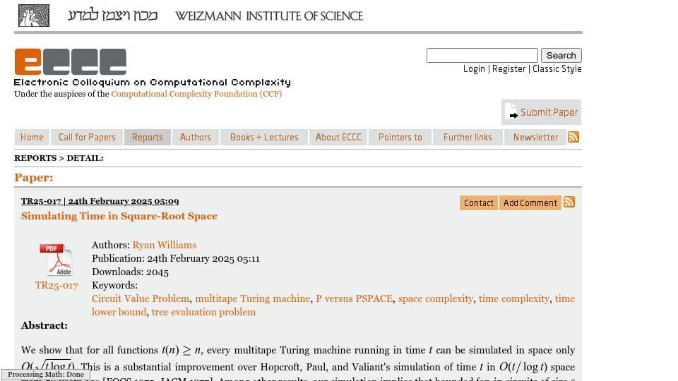 Screenshot of eccc.weizmann.ac.il: Simulating Time in Square-Root Space