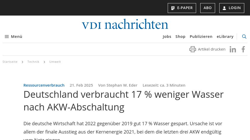 Screenshot of vdi-nachrichten.com: Germany's Water Consumption Down 17% Following Nuclear Reactor Shutdowns