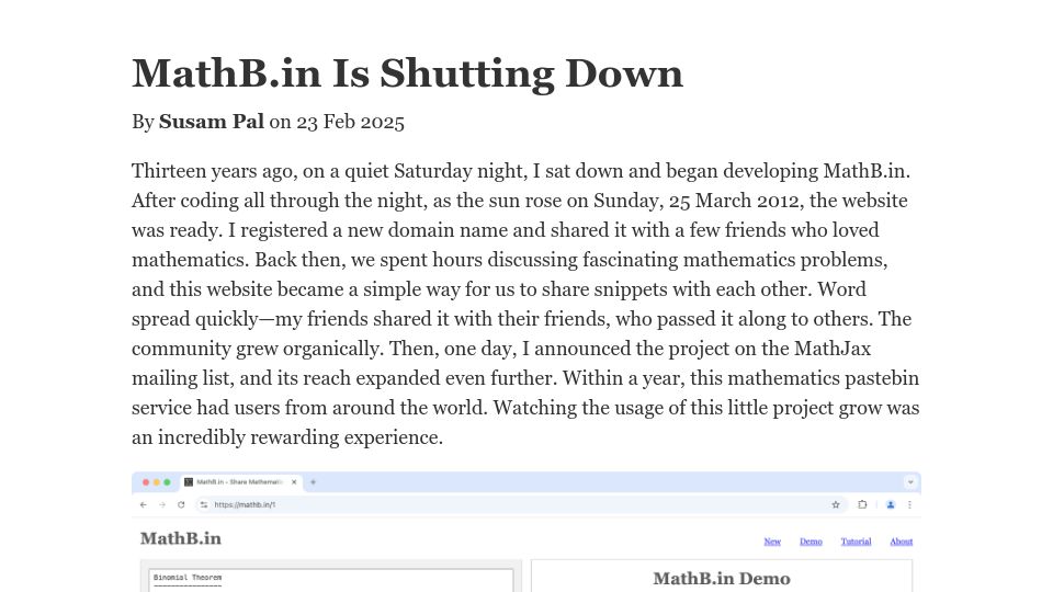 Screenshot of susam.net: MathB.in Is Shutting Down