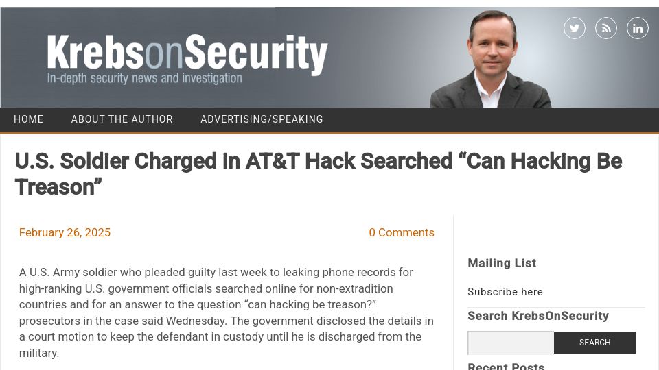 Screenshot of krebsonsecurity.com: U.S. soldier charged in AT&T hack searched "can hacking be treason"