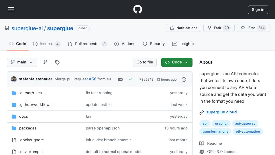 Screenshot of github.com: Show HN: Superglue – open source API connector that writes its own code