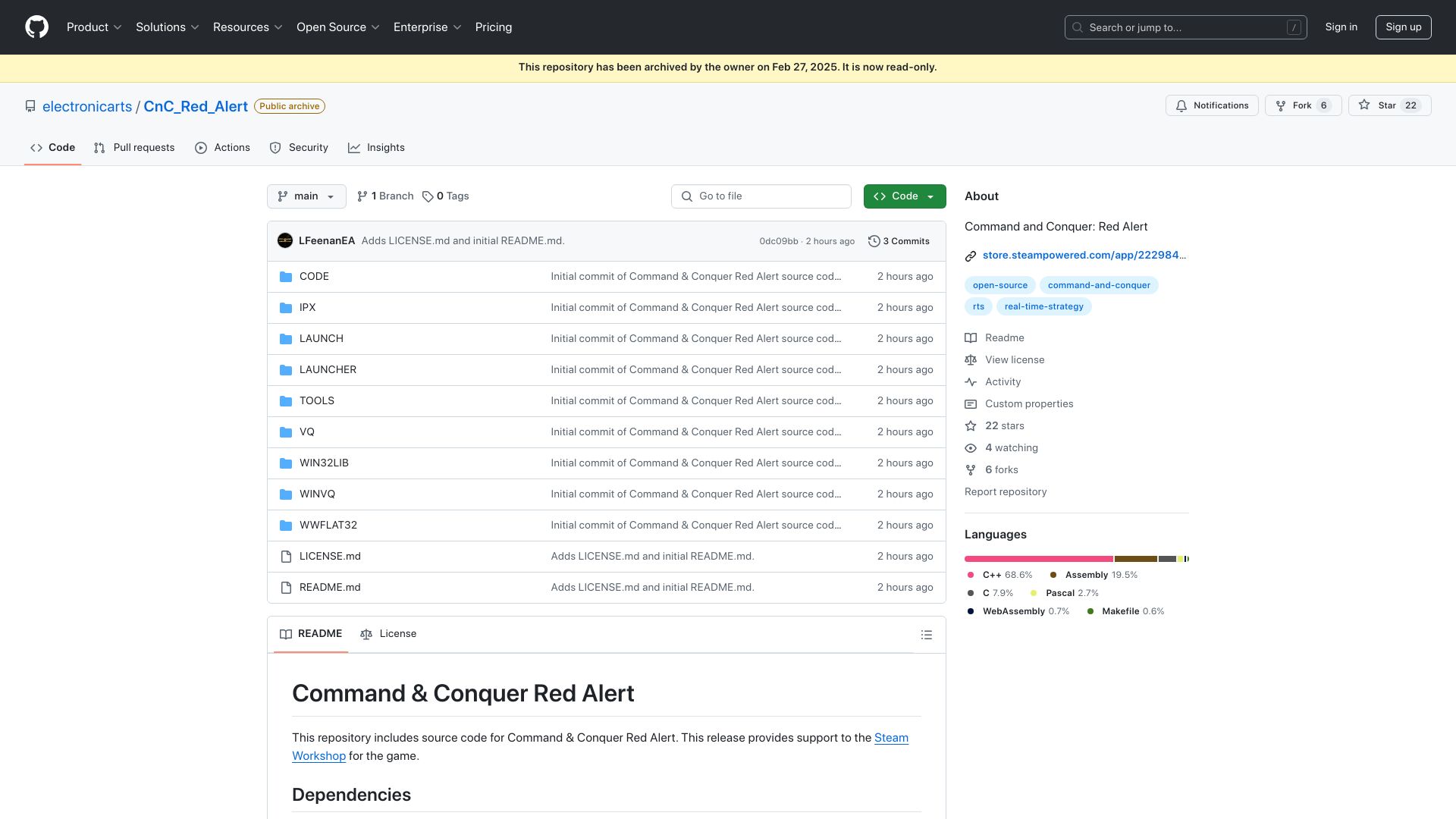 Screenshot of github.com: EA Open Sources Command and Conquer: Red Alert, along with other games