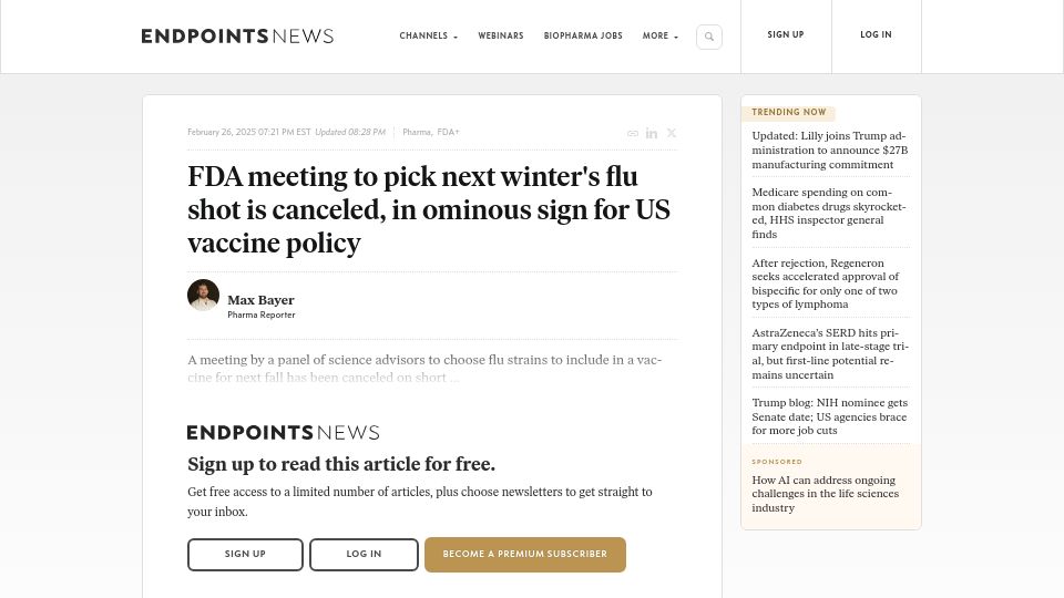 Screenshot of endpts.com: FDA meeting to pick next winter's flu shot is canceled, in ominous sign for US