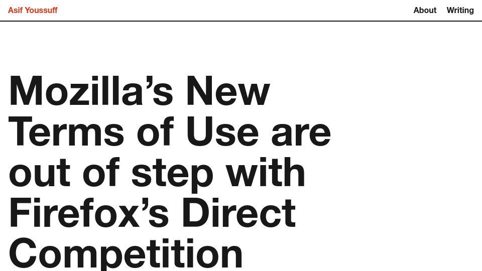 Screenshot of quippd.com: Mozilla's New Terms of Use Are Out of Step with Firefox's Direct Competition