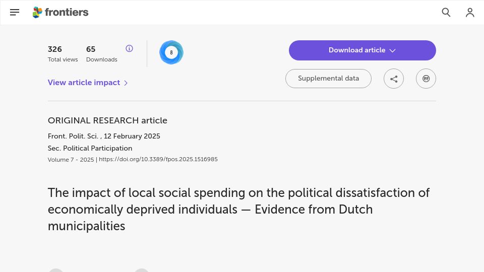 Screenshot of frontiersin.org: Local social spending and political dissatisfaction of the economically deprived