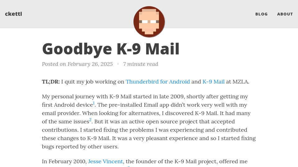Screenshot of cketti.de: Goodbye K-9 Mail