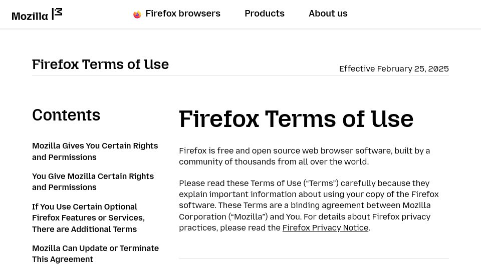 Screenshot of mozilla.org: "When you upload or input information through Firefox, you grant us a license"