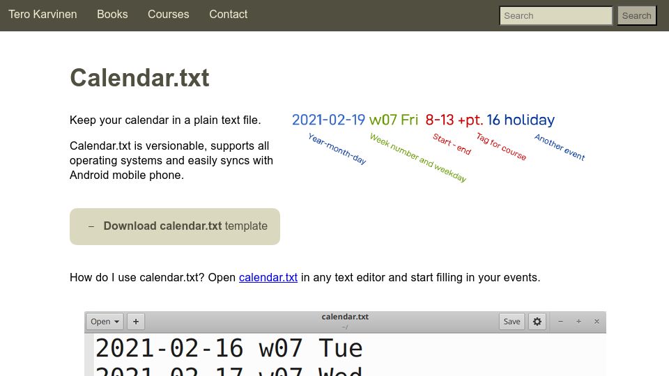 Screenshot of terokarvinen.com: Calendar.txt