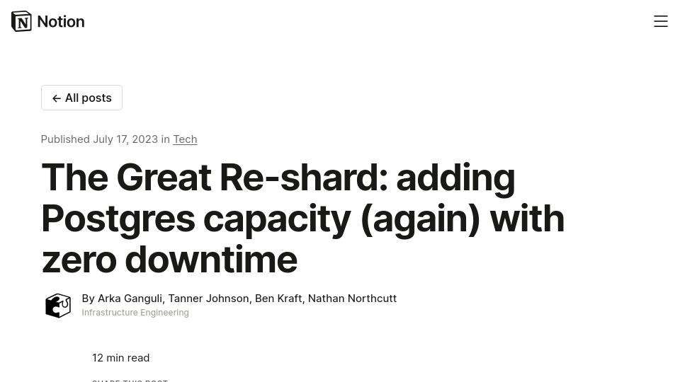 Screenshot of notion.com: The Great Re-shard: adding Postgres capacity (again) with zero downtime (2023)