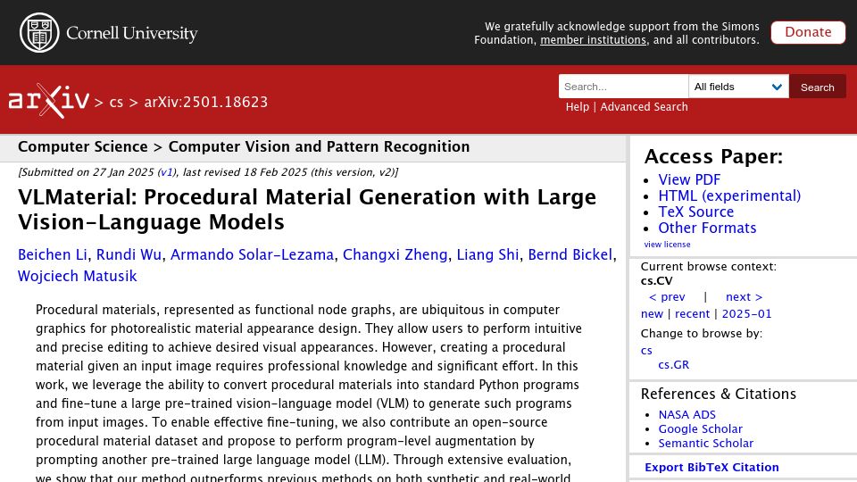 Screenshot of arxiv.org: VLMaterial: Procedural Material Generation with Large Vision-Language Models