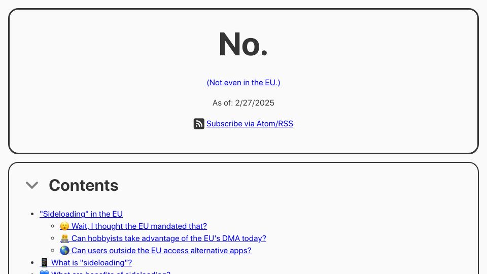 Screenshot of doesioshavesideloadingyet.com: Does iOS Have Sideloading Yet? No