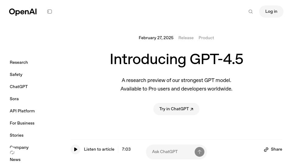 Screenshot of openai.com: GPT-4.5