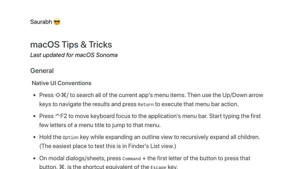 Screenshot of saurabhs.org: macOS Tips and Tricks (2022)