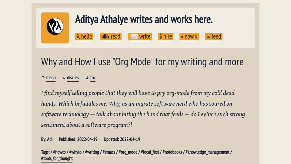 Screenshot of evalapply.org: Why and How I use “Org Mode” for my writing and more (2022)