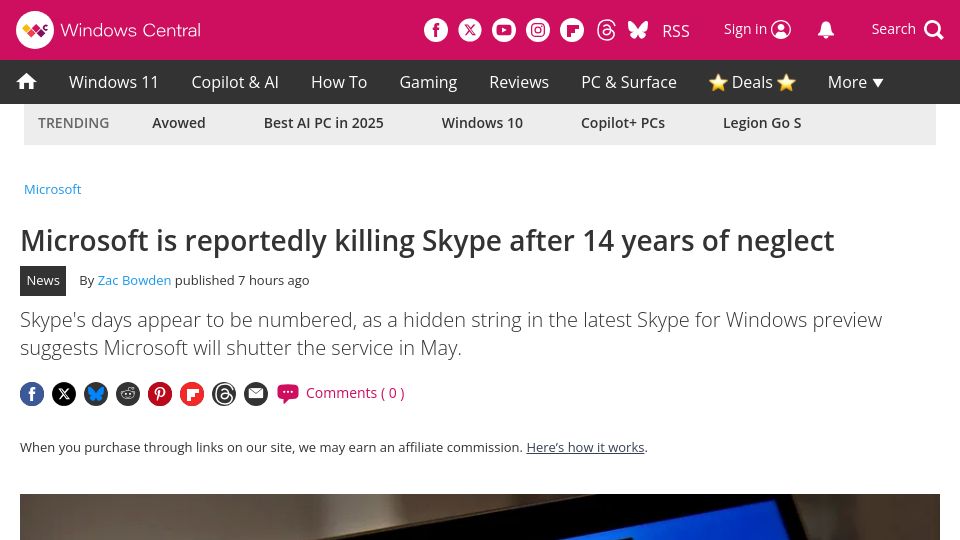 Screenshot of windowscentral.com: Microsoft is killing Skype
