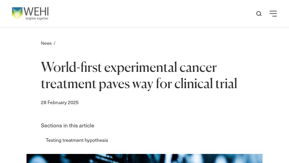 Screenshot of wehi.edu.au: World-first experimental cancer treatment paves way for clinical trial