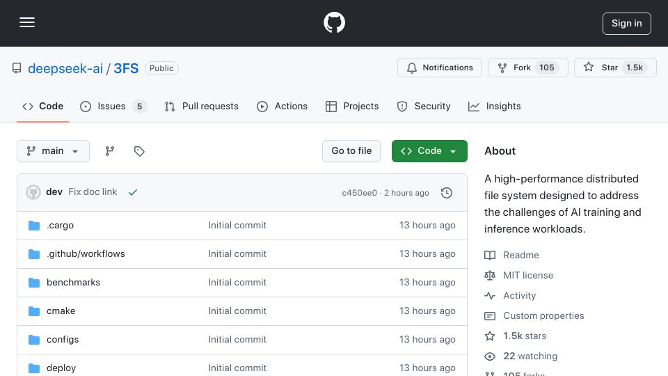 Screenshot of github.com: Fire-Flyer File System from DeepSeek
