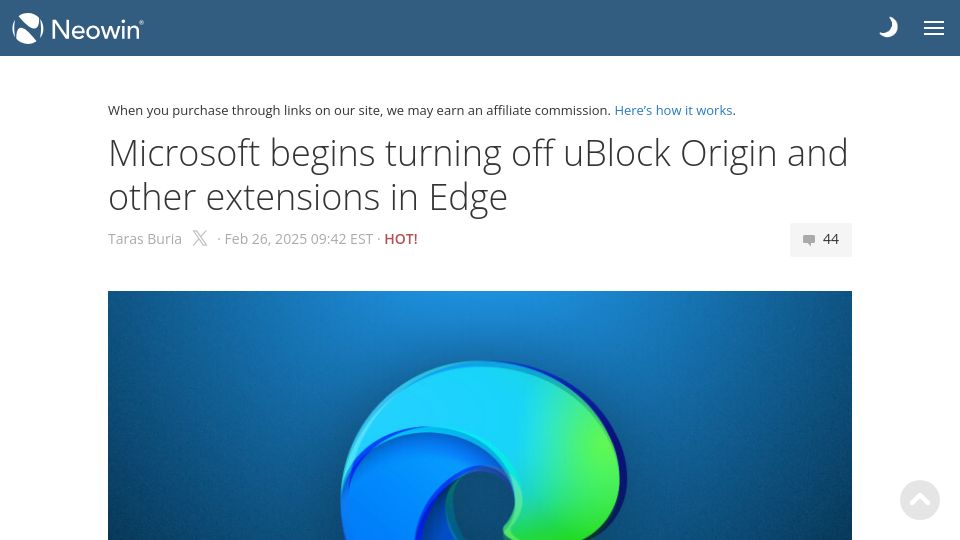 Screenshot of neowin.net: Microsoft begins turning off uBlock Origin and other extensions in Edge