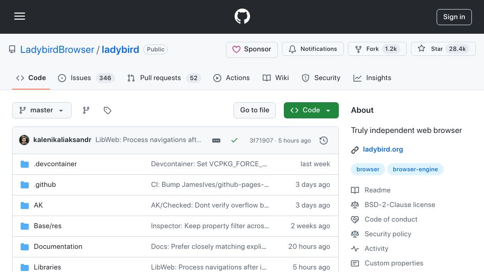 Screenshot of github.com: Welcome to Ladybird, a truly independent web browser