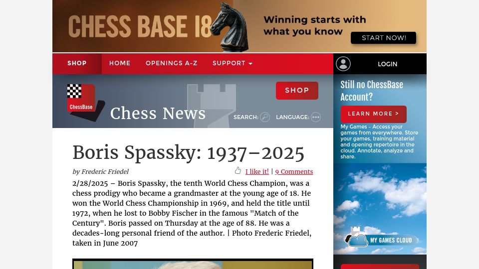 Screenshot of en.chessbase.com: Boris Spassky: 1937–2025