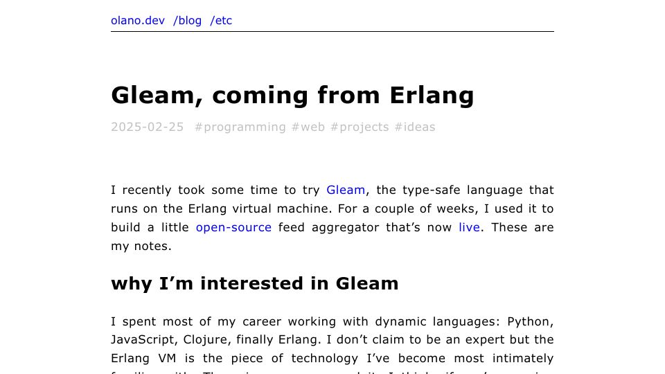 Screenshot of olano.dev: Gleam, Coming from Erlang