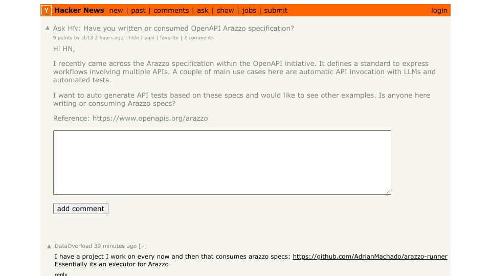 Screenshot of Hacker News post: Ask HN: Have you written or consumed OpenAPI Arazzo specification?
