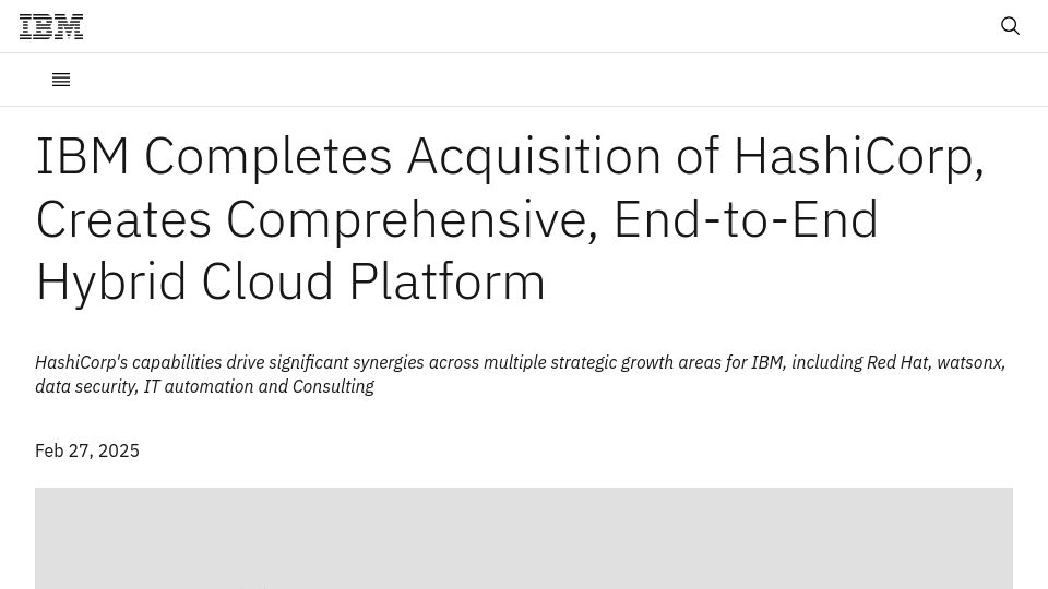 Screenshot of newsroom.ibm.com: IBM completes acquisition of HashiCorp