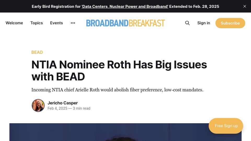 Screenshot of broadbandbreakfast.com: Doc NTIA lead nominee criticizes "woke" and "socialist" fiber broadband subsidy