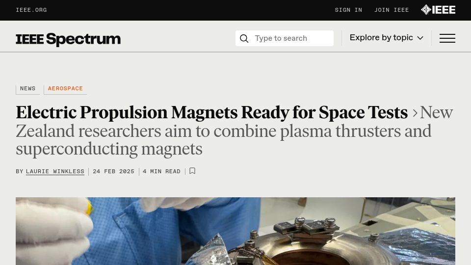 Screenshot of spectrum.ieee.org: Electric Propulsion Magnets Ready for Space Tests