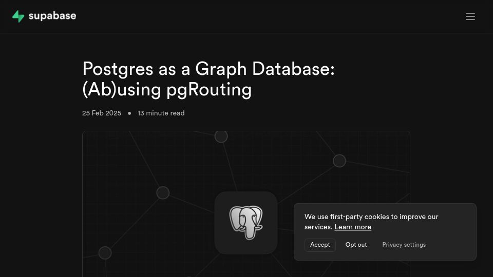 Screenshot of supabase.com: Postgres as a Graph Database: (Ab)Using PgRouting