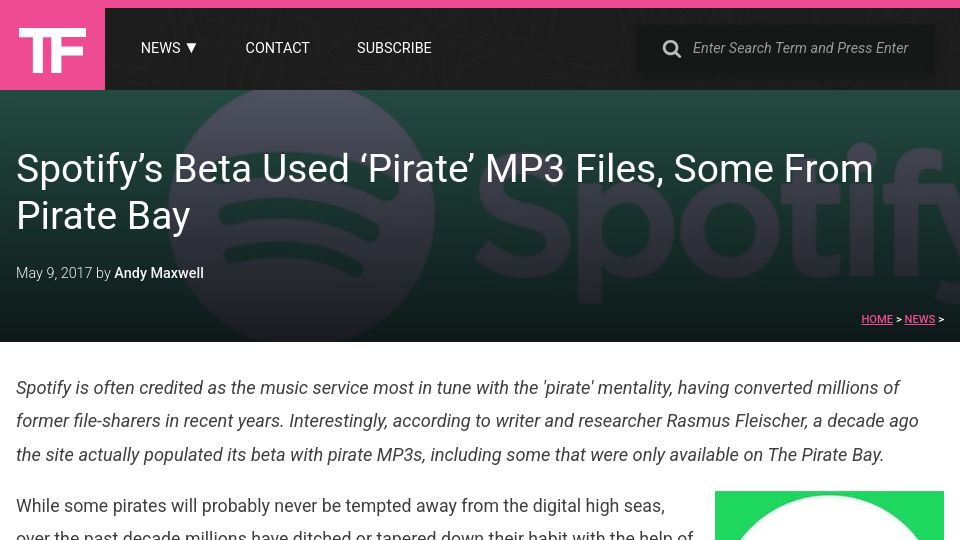 Screenshot of torrentfreak.com: Spotify's Beta Used 'Pirate' MP3 Files, Some from Pirate Bay (2017)