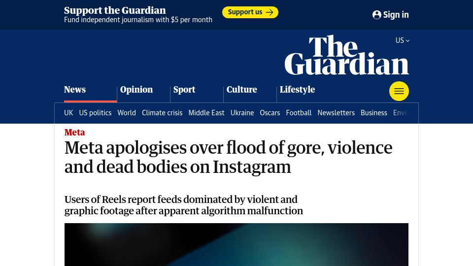 Screenshot of theguardian.com: Meta apologises over flood of gore, violence and dead bodies on Instagram