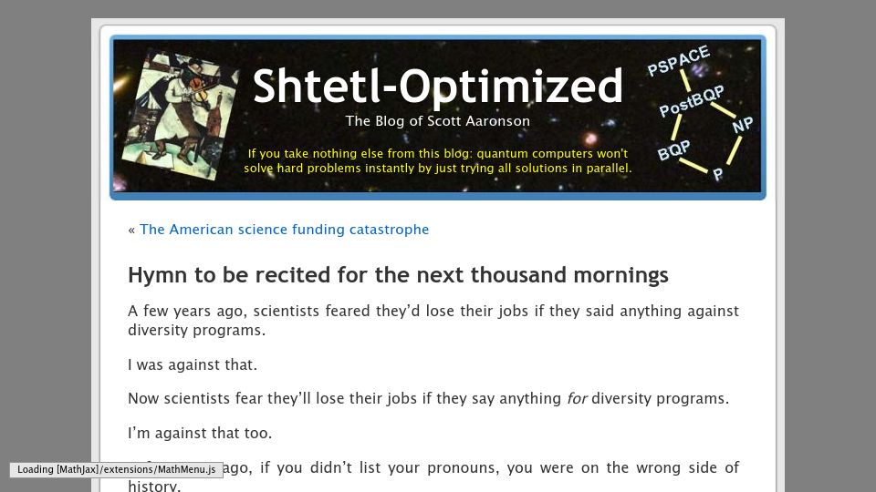 Screenshot of scottaaronson.blog: Hymn to be recited for the next thousand mornings