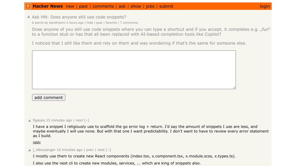 Screenshot of Hacker News post: Ask HN: Does anyone still use code snippets?