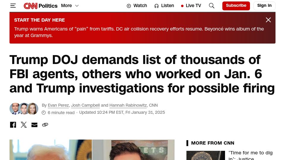 Screenshot of cnn.com: DOJ demands list of FBI agents who worked on Jan. 6 investigations