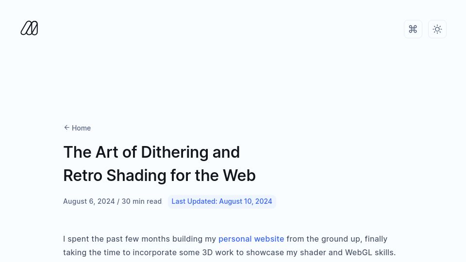 Screenshot of blog.maximeheckel.com: The Art of Dithering and Retro Shading for the Web (2024)