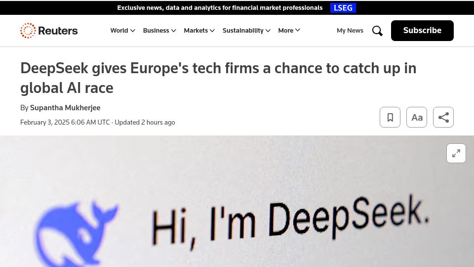 Screenshot of reuters.com: DeepSeek gives Europe's tech firms a chance to catch up