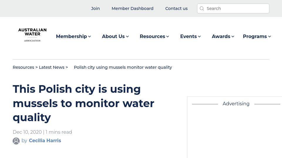 Screenshot of awa.asn.au: Polish city is using mussels to monitor water quality (2020)