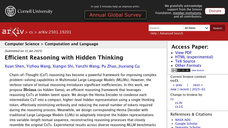 Screenshot of arxiv.org: Efficient Reasoning with Hidden Thinking