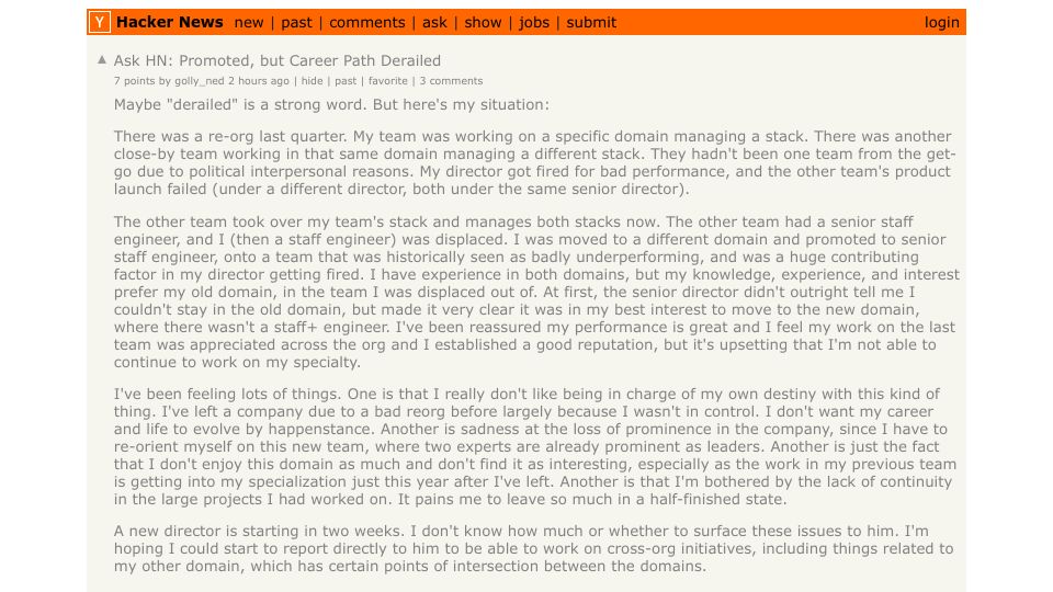 Screenshot of Hacker News post: Ask HN: Promoted, but Career Path Derailed