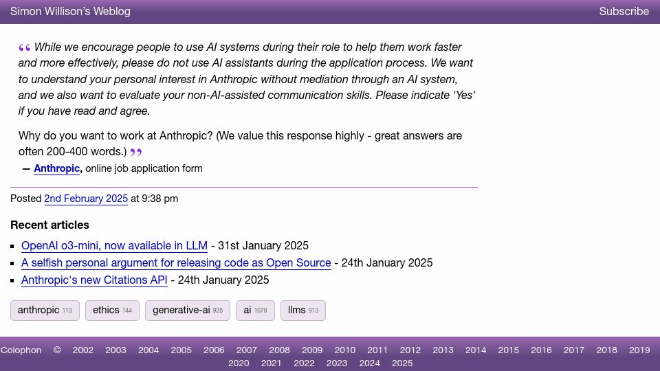 Screenshot of simonwillison.net: Anthropic: "Applicants should not use AI assistants"