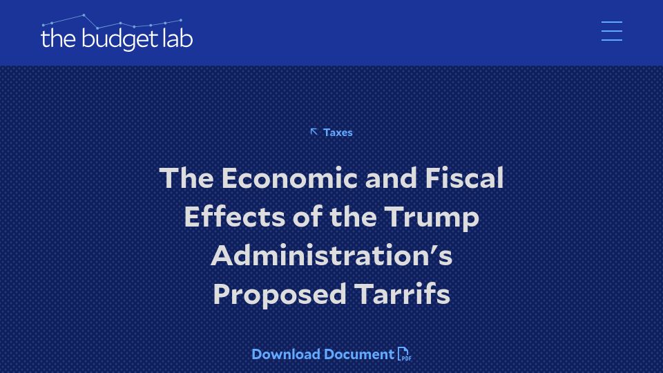 Screenshot of budgetlab.yale.edu: The Economic and Fiscal Effects of the Trump Administration's Proposed Tariffs