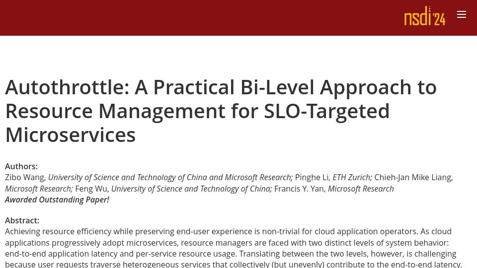 Screenshot of usenix.org: Autothrottle: Resource Management for SLO-Targeted Microservices